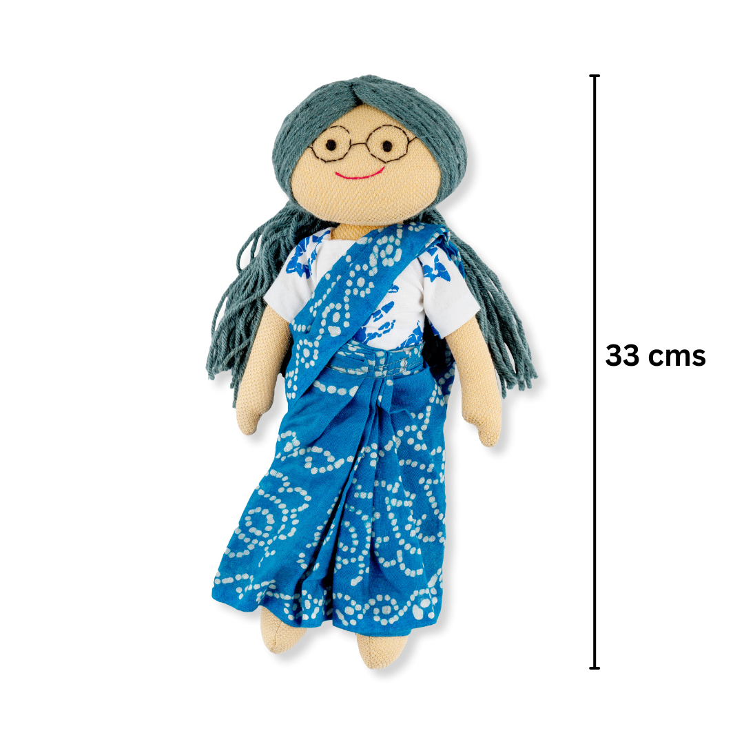 Aaji/Grandmother Handmade Cloth Doll - Light blue saree with White Blouse - Image 5