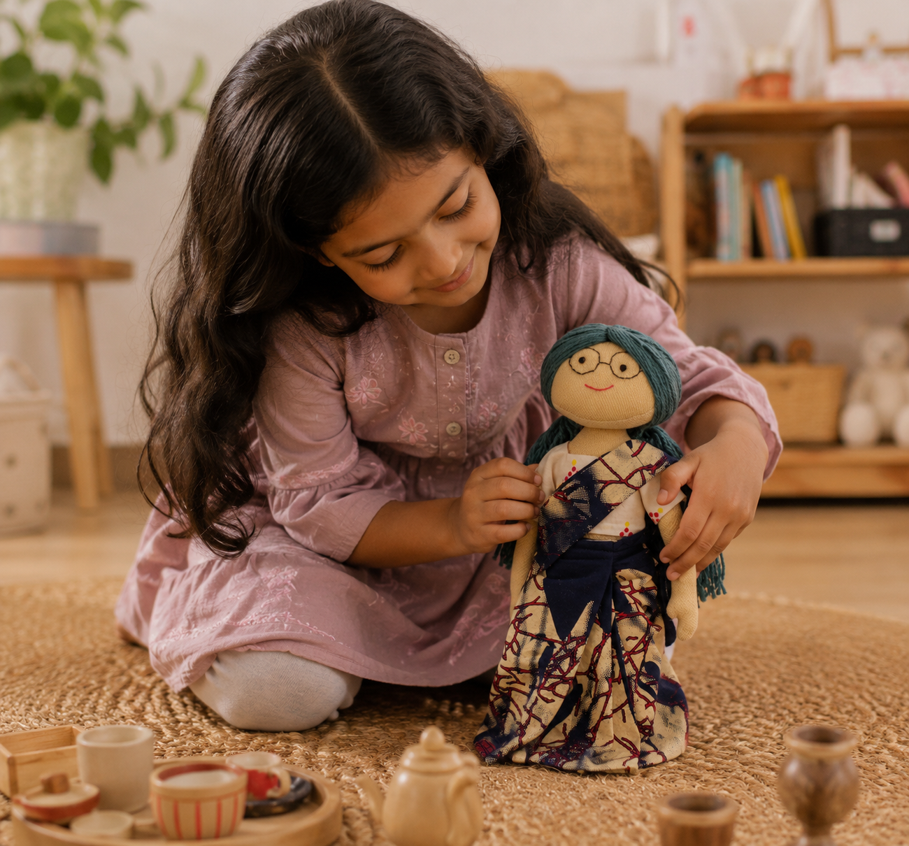 Aaji/Grandmother Handmade Cloth Doll - Dark blue and cream saree with white blouse - Image 4