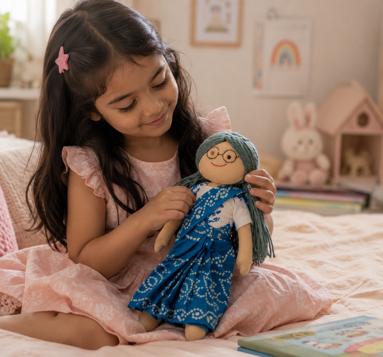 Aaji/Grandmother Handmade Cloth Doll - Light blue saree with White Blouse - Image 4