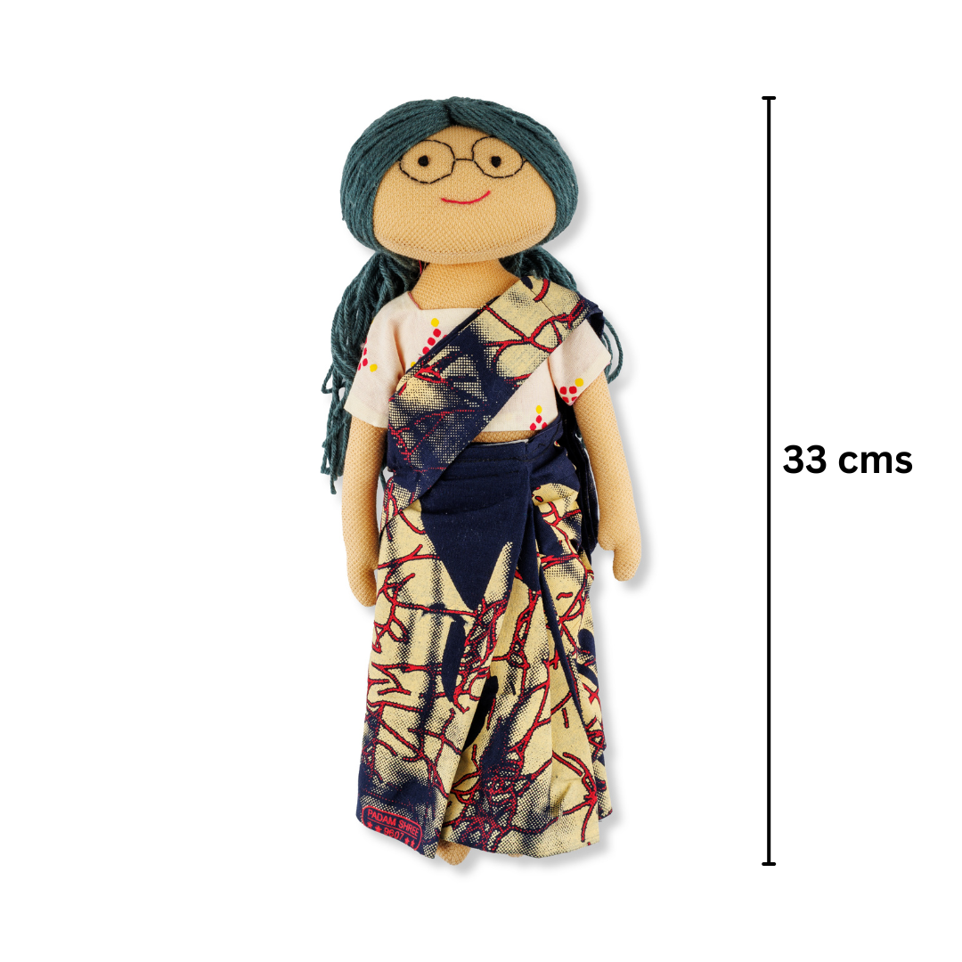 Aaji/Grandmother Handmade Cloth Doll - Dark blue and cream saree with white blouse - Image 5