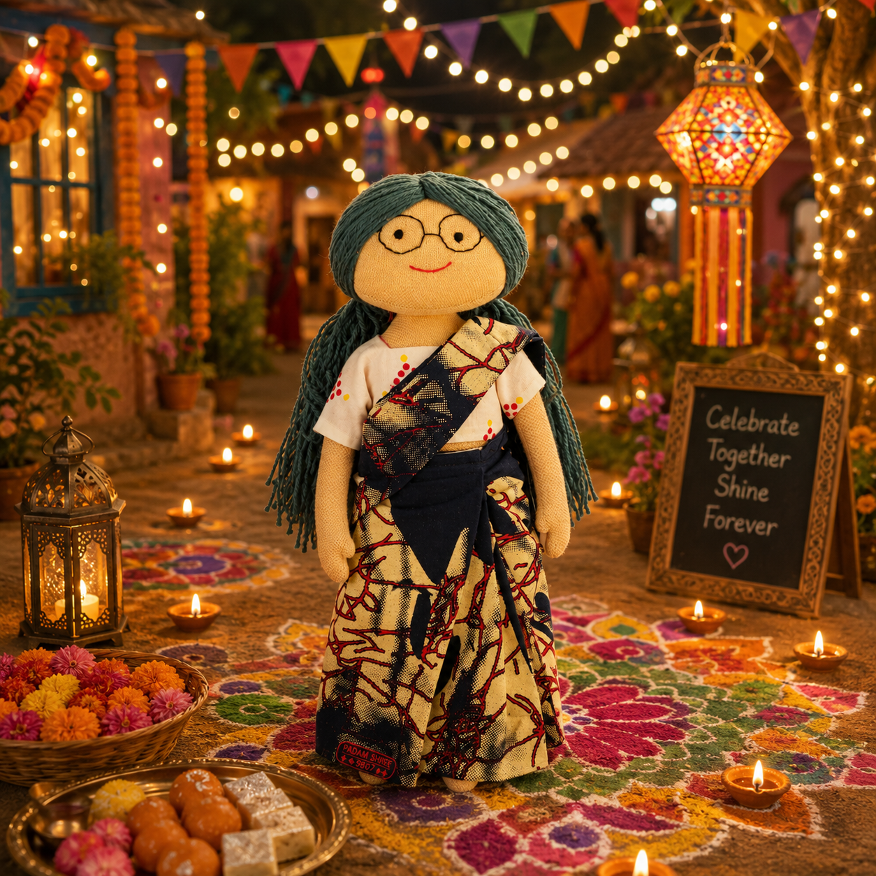 Aaji/Grandmother Handmade Cloth Doll - Dark blue and cream saree with white blouse