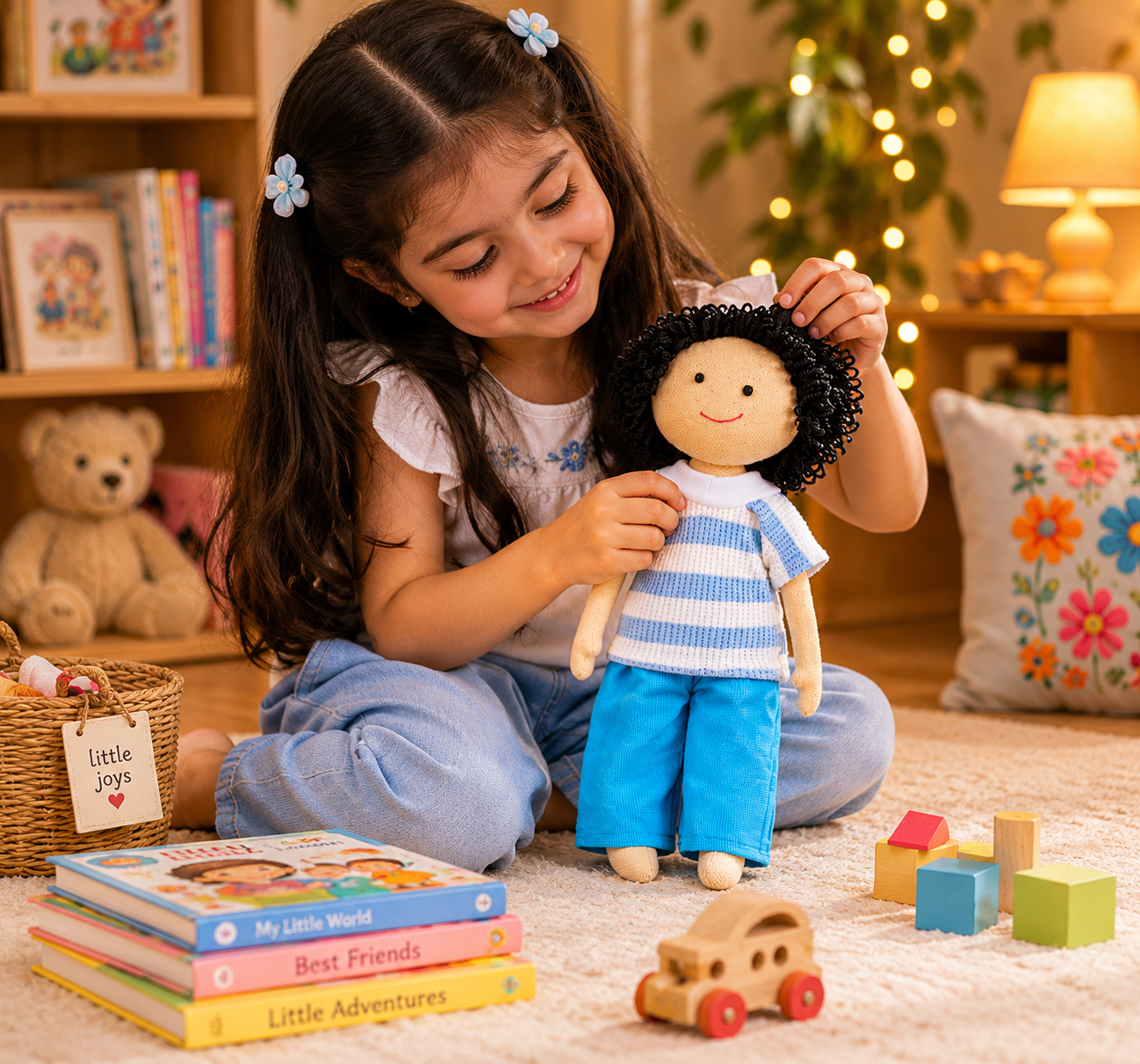 Veer Handmade Cloth Doll - Blue stripe shirt and blue Shorts - Image 4